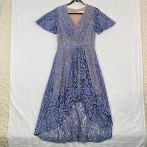 Eliza J Lace Dress Blue V Neck Short Sleeve Hi Low Size 8